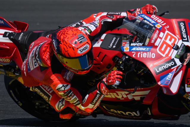 Ducati Lenovo Team's Spanish rider Marc Marquez corners during the first practice session ahead of the French Moto GP Grand Prix of France at Le Mans, northwestern France, on May 8, 2026. (Photo by Loic VENANCE / AFP)