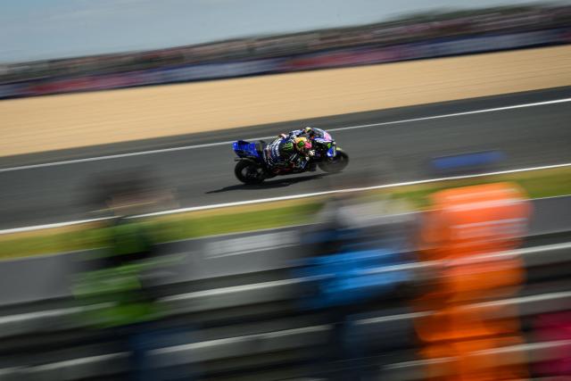Monster Energy Yamaha MotoGP's French rider Fabio Quartararo corners during the first practice session ahead of the French Moto GP Grand Prix of France at Le Mans, northwestern France, on May 8, 2026. (Photo by Loic VENANCE / AFP)