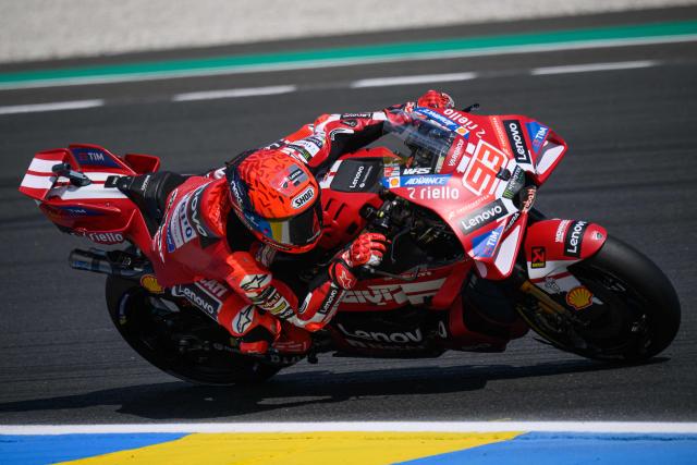 Ducati Lenovo Team's Spanish rider Marc Marquez corners during the first practice session ahead of the French Moto GP Grand Prix of France at Le Mans, northwestern France, on May 8, 2026. (Photo by Loic VENANCE / AFP)