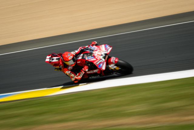 Ducati Lenovo Team's Spanish rider Marc Marquez corners during the first practice session ahead of the French Moto GP Grand Prix of France at Le Mans, northwestern France, on May 8, 2026. (Photo by Loic VENANCE / AFP)