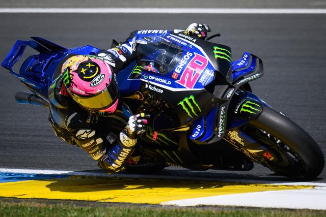 Monster Energy Yamaha MotoGP's French rider Fabio Quartararo corners during the first practice session ahead of the French Moto GP Grand Prix of France at Le Mans, northwestern France, on May 8, 2026. (Photo by Loic VENANCE / AFP)
