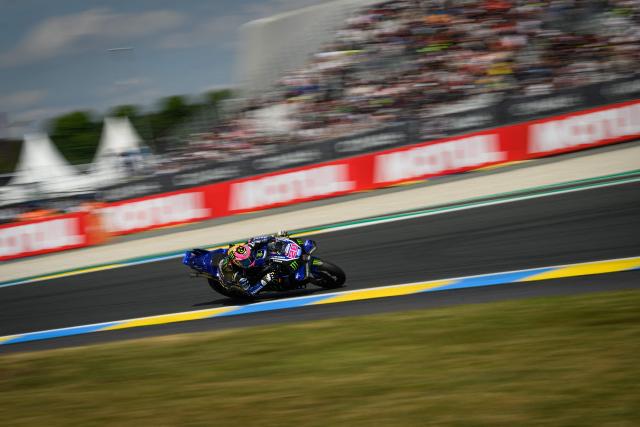 Monster Energy Yamaha MotoGP's French rider Fabio Quartararo corners during the first practice session ahead of the French Moto GP Grand Prix of France at Le Mans, northwestern France, on May 8, 2026. (Photo by Loic VENANCE / AFP)