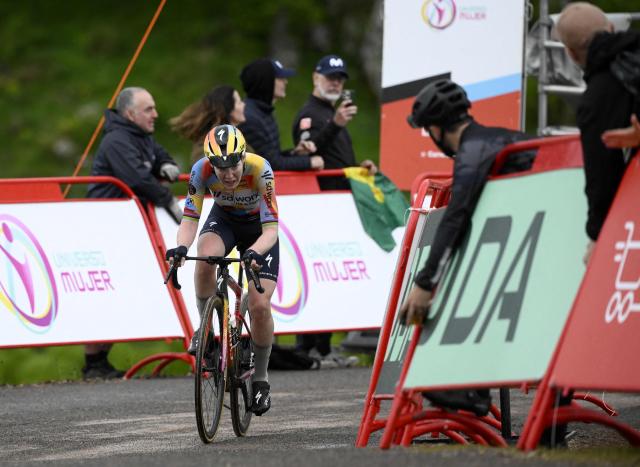 Team SD Worx - Protime's Dutch rider Anna van der Breggen cycles to finish first the 6th stage of the 2026 La Vuelta Femenina cycling tour of Spain, a 106.5 km race between Gijon and Les Praeres, on May 8, 2026. (Photo by Miguel RIOPA / AFP)