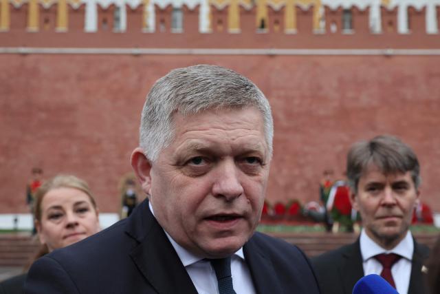 Slovak Prime Minister Robert Fico speaks to journalists after a wreath-laying ceremony at the Tomb of the Unknown Soldier by the Kremlin Wall in Moscow on May 8, 2026. (Photo by Shamil Zhumatov / POOL / AFP)