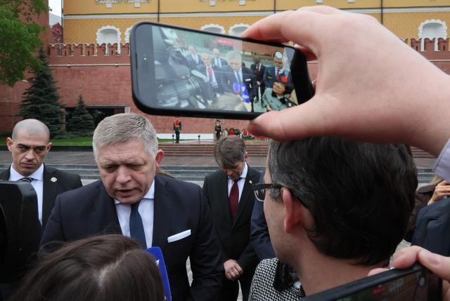 Slovak Prime Minister Robert Fico speaks to journalists after a wreath-laying ceremony at the Tomb of the Unknown Soldier by the Kremlin Wall in Moscow on May 8, 2026. (Photo by Shamil Zhumatov / POOL / AFP)