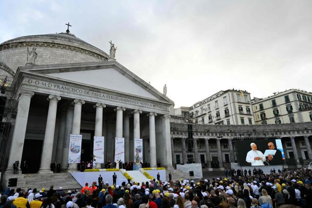 Pope Leo XIV speaks during a meeting with citizens at Piazza del Plebiscito as part of a pastoral visit in Naples on May 8, 2026. (Photo by Alberto PIZZOLI / AFP)