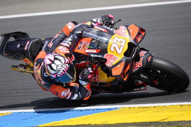 Red Bull KTM Tech3's Italian rider Enea Bastianini corners during the first practice session ahead of the French Moto GP Grand Prix of France at Le Mans, northwestern France, on May 8, 2026. (Photo by Loic VENANCE / AFP)