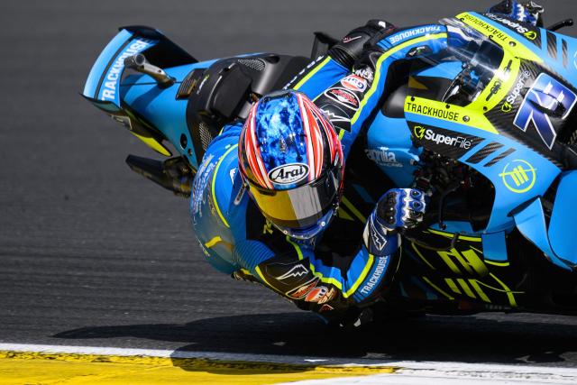 Trackhouse Racing MotoGP Team's Japanese rider Ai Ogura corners during the first practice session ahead of the French Moto GP Grand Prix of France at Le Mans, northwestern France, on May 8, 2026. (Photo by Loic VENANCE / AFP)