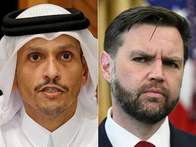 (COMBO) This combination of pictures created on May 08, 2026 shows, L/R, Qatar's Prime Minister and Foreign Minister Sheikh Mohammed bin Abdulrahman Al Thani in Doha on March 19, 2026 and US Vice President JD Vance in Washington, DC on April 23, 2026. The prime minister of Qatar, a key intermediary, is visiting Washington on May 8, 2026, to meet Vice President JD Vance to discuss Iran, a source familiar with the matter said. Sheikh Mohammed bin Abdulrahman Al Thani plans to speak to Vance about "US-Qatar relations and the situation in Iran, with a focus on LNG markets and regional stability," the source said on condition of anonymity. (Photo by Karim JAAFAR and Brendan SMIALOWSKI / AFP)
