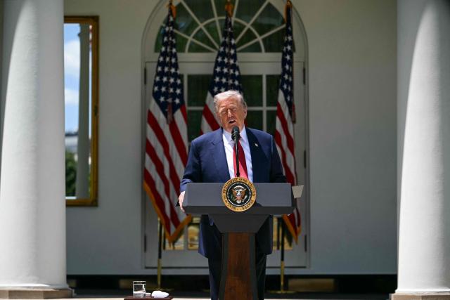US President Donald Trump speaks during a Mother's Day luncheon in the Rose Garden of the White House in Washington, DC, on May 8, 2026. (Photo by Jim WATSON / AFP)