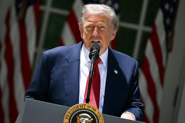 US President Donald Trump speaks during a Mother's Day luncheon in the Rose Garden of the White House in Washington, DC, on May 8, 2026. (Photo by Jim WATSON / AFP)