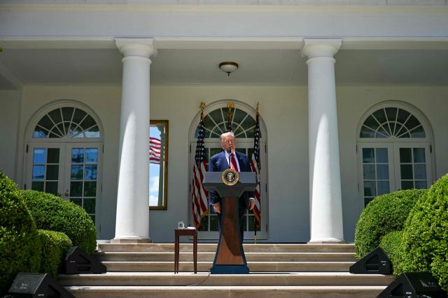 US President Donald Trump speaks during a Mother's Day luncheon in the Rose Garden of the White House in Washington, DC, on May 8, 2026. (Photo by Jim WATSON / AFP)