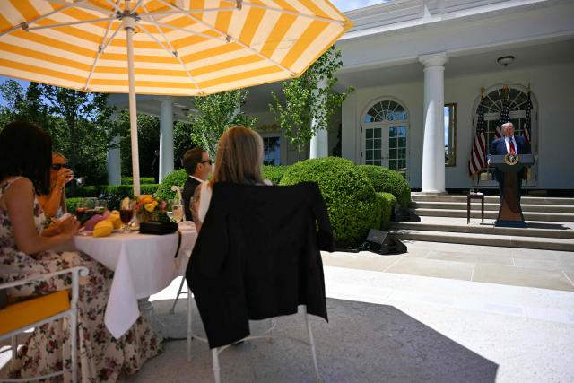 US President Donald Trump speaks during a Mother's Day luncheon in the Rose Garden of the White House in Washington, DC, on May 8, 2026. (Photo by Jim WATSON / AFP)