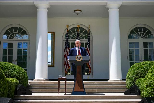 US President Donald Trump speaks during a Mother's Day luncheon in the Rose Garden of the White House in Washington, DC, on May 8, 2026. (Photo by Jim WATSON / AFP)