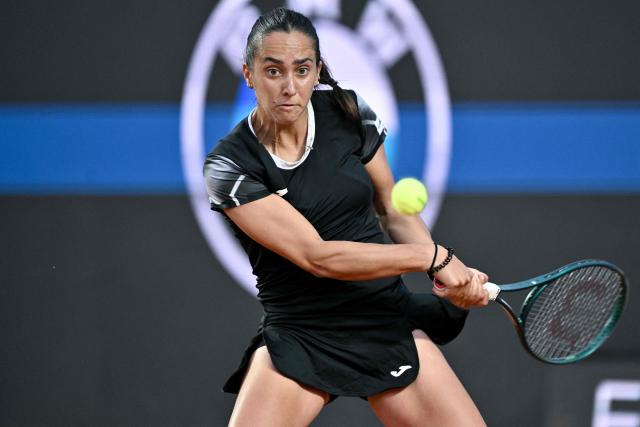 Italy's Noemi Basiletti hits a backhand to Ukraine's Elina Svitolina during their women's singles match of the WTA Rome Open tennis tournament at the Foro Italico in Rome on May 8, 2026. (Photo by Tiziana FABI / AFP)
