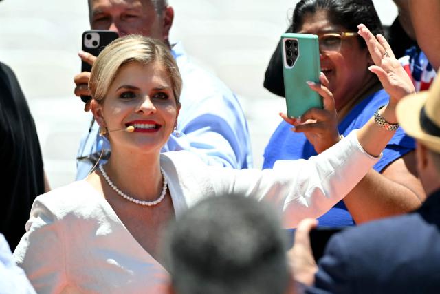 Costa Rica's new President Laura Fernandez waves as she arrives for her inauguration ceremony at the National Stadium in San Jose, on May 8, 2026. Costa Rican political scientist Laura Fernandez will be inaugurated as president, the latest right-winger to win power in Latin America on a promise to combat drug-related violence. (Photo by MARTIN BERNETTI / AFP)