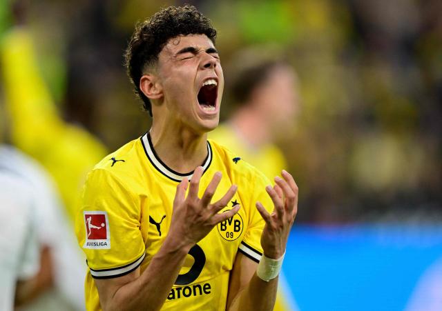 Dortmund's Italian forward #40 Samuele Inacio reacts during the German first division Bundesliga football match between BVB Borussia Dortmund and Eintracht Frankfurt in Dortmund, western Germany on May 8, 2026. (Photo by INA FASSBENDER / AFP) / DFL REGULATIONS PROHIBIT ANY USE OF PHOTOGRAPHS AS IMAGE SEQUENCES AND/OR QUASI-VIDEO