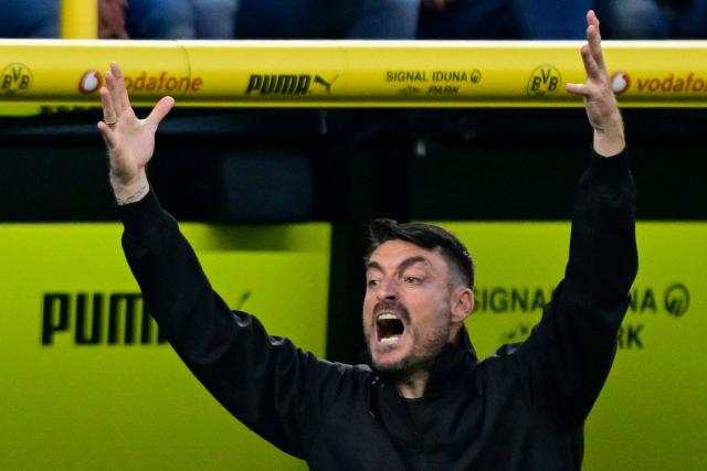 Frankfurt's Spanish head coach Albert Riera reacts from the sidelines during the German first division Bundesliga football match between BVB Borussia Dortmund and Eintracht Frankfurt in Dortmund, western Germany on May 8, 2026. (Photo by INA FASSBENDER / AFP) / DFL REGULATIONS PROHIBIT ANY USE OF PHOTOGRAPHS AS IMAGE SEQUENCES AND/OR QUASI-VIDEO