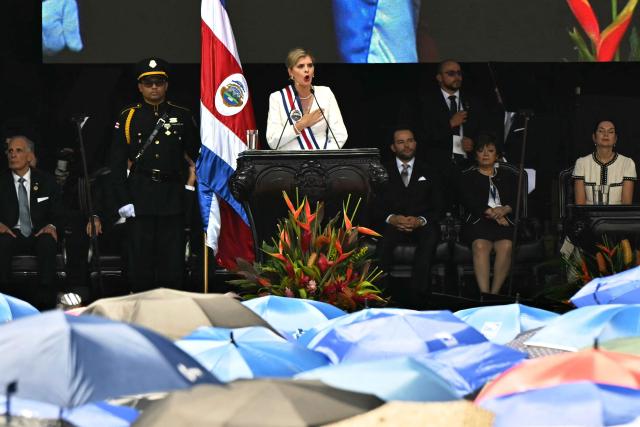 Costa Rica's new President Laura Fernandez gestures as she speaks during her inauguration ceremony at the National Stadium in San Jose, on May 8, 2026. Costa Rican political scientist Laura Fernandez will be inaugurated as president, the latest right-winger to win power in Latin America on a promise to combat drug-related violence. (Photo by MARTIN BERNETTI / AFP)