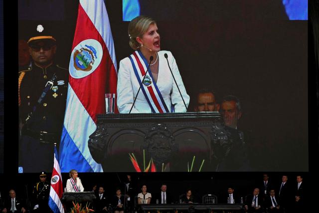 Costa Rica's new President Laura Fernandez speaks during her inauguration ceremony at the National Stadium in San Jose, on May 8, 2026. Costa Rican political scientist Laura Fernandez will be inaugurated as president, the latest right-winger to win power in Latin America on a promise to combat drug-related violence. (Photo by MARTIN BERNETTI / AFP)