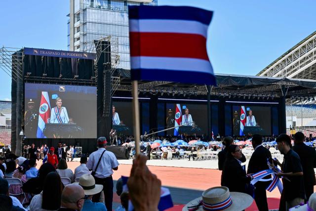 Costa Rica's new President Laura Fernandez speaks during her inauguration ceremony at the National Stadium in San Jose, on May 8, 2026. Costa Rican political scientist Laura Fernandez will be inaugurated as president, the latest right-winger to win power in Latin America on a promise to combat drug-related violence. (Photo by EZEQUIEL BECERRA / AFP)