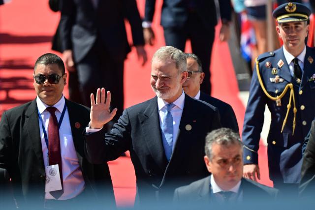 Spain's King Felipe VI waves as he leaves after the inauguration ceremony of Costa Rica's new President Laura Fernandez at the National Stadium in San Jose on May 8, 2026. (Photo by MARTIN BERNETTI / AFP)