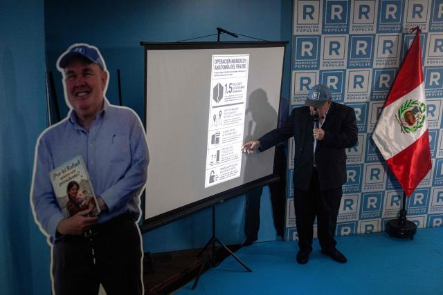 Peru's presidential candidate Rafael Lopez Aliaga of the Renovacion Popular party speaks during a press conference for the Peruvian Foreign Press Association at his campaign headquarters in Lima on May 8, 2026. (Photo by ERNESTO BENAVIDES / AFP)