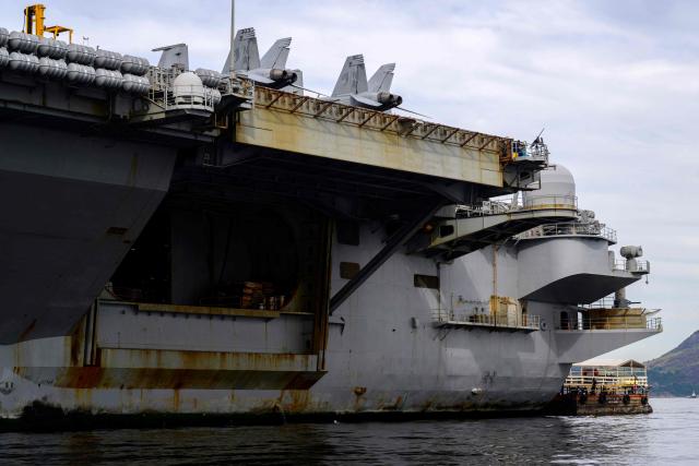The USS Nimitz (CVN-68) aircraft carrier is seen in Guanabara Bay in Rio de Janeiro, Brazil, on May 8, 2026. (Photo by Pablo PORCIUNCULA / AFP)