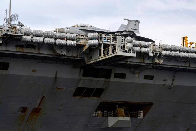 The USS Nimitz (CVN-68) aircraft carrier is seen in Guanabara Bay in Rio de Janeiro, Brazil, on May 8, 2026. (Photo by Pablo PORCIUNCULA / AFP)