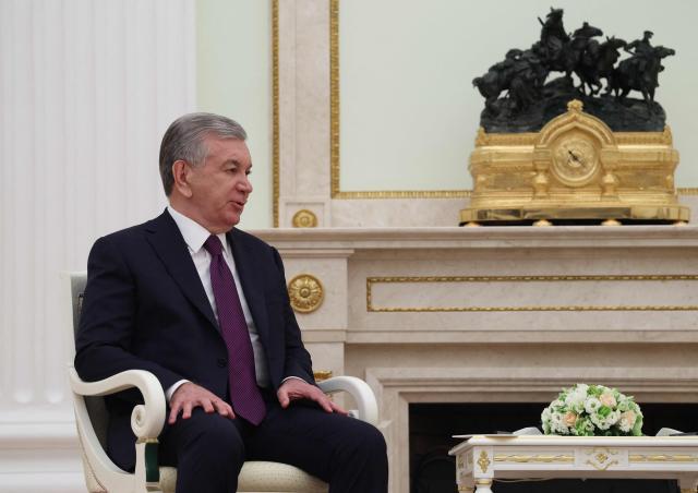 Uzbek President Shavkat Mirziyoyev attends a meeting with Russian President at the Kremlin in Moscow on May 8, 2026. (Photo by Ramil Sitdikov / POOL / AFP)