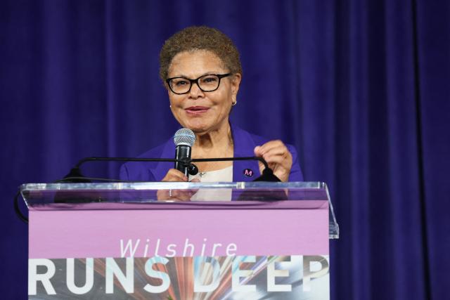 Los Angeles Mayor Karen Bass speaks during the opening of the Metro D Line subway extension in Los Angeles, on May 8, 2026. The transit extension adds three new stations along Wilshire Boulevard to Beverly Hills ahead of the 2026 FIFA World Cup with two more extensions of the rail line planned to be completed before the 2028 Summer Olympics. (Photo by Patrick T. Fallon / AFP)