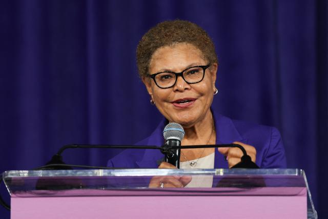Los Angeles Mayor Karen Bass speaks during the opening of the Metro D Line subway extension in Los Angeles, on May 8, 2026. The transit extension adds three new stations along Wilshire Boulevard to Beverly Hills ahead of the 2026 FIFA World Cup with two more extensions of the rail line planned to be completed before the 2028 Summer Olympics. (Photo by Patrick T. Fallon / AFP)