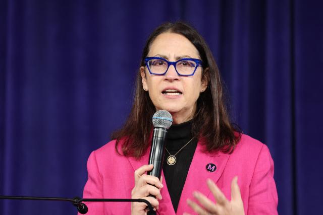 US Representative Laura Friedman (D-CA) speaks during the opening of the Metro D Line subway extension at the Petersen Automotive Museum in Los Angeles on May 8, 2026. The transit extension adds three new stations along Wilshire Boulevard to Beverly Hills ahead of the 2026 FIFA World Cup with two more extensions of the rail line planned to be completed before the 2028 Summer Olympics. (Photo by Patrick T. Fallon / AFP)