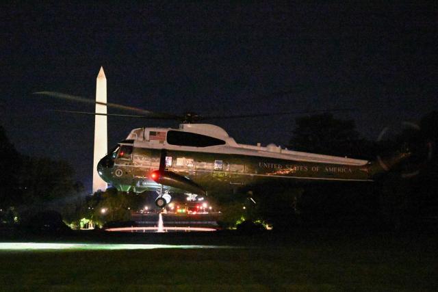 Marine One carrying US President Donald Trump lands on the South Lawn of the White House in Washington, DC, on May 8, 2026. Trump is returning to the White House after attending a LIV Golf dinner in Sterling, Virginia. (Photo by Mandel NGAN / AFP)