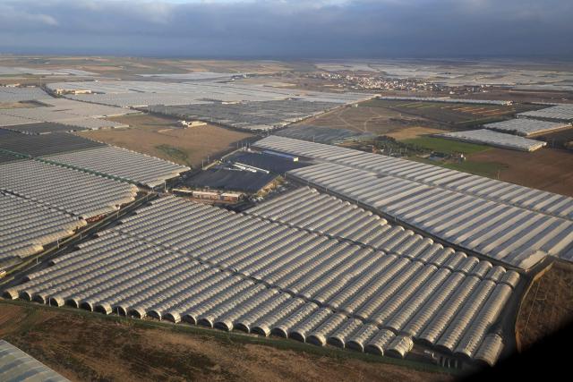 This aerial photograph shows patches of greenhouse farming in Agadir on May 8, 2026. (Photo by Abdel Majid BZIOUAT / AFP)