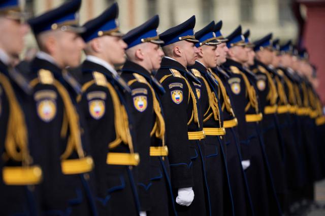 Russian servicemen of the presidential regiment stand in a formation before the Victory Day military parade at Red Square in central Moscow on May 9, 2026. Russia celebrates the 81st anniversary of the Soviet Union's victory over Nazi Germany in World War Two (WWII). (Photo by Pavel Bednyakov / POOL / AFP)
