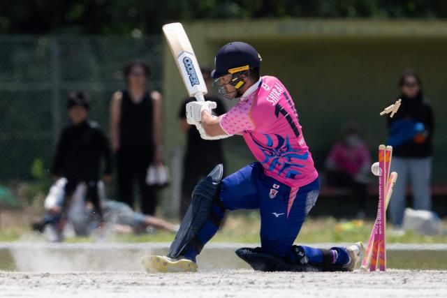 Japan’s Alex Shirai-Patmore is bowled during the ICC T20 World Cup East Asia-Pacific Qualifier cricket match between Japan and Vanuatu at the Nisshin Cricket Ground at Korogi Sports Park in Nisshin, Aichi Prefecture on May 9, 2026. (Photo by ANDREW CABALLERO-REYNOLDS / AFP)