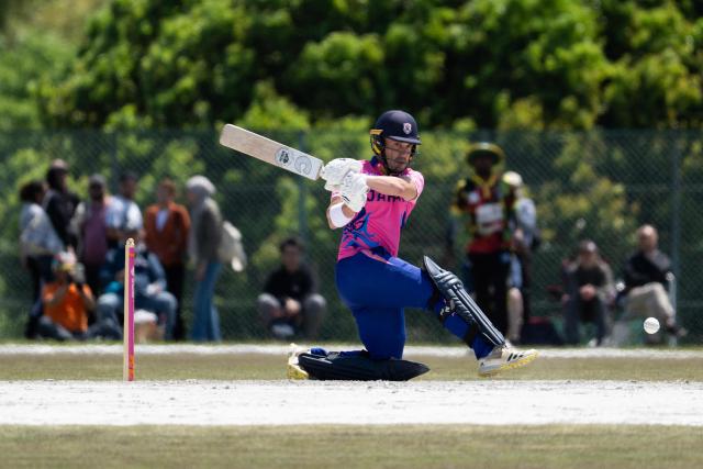 Japan’s Esam Rahman plays a shot during the ICC T20 World Cup East Asia-Pacific Qualifier cricket match between Japan and Vanuatu at the Nisshin Cricket Ground at Korogi Sports Park in Nisshin, Aichi Prefecture on May 9, 2026. (Photo by ANDREW CABALLERO-REYNOLDS / AFP)