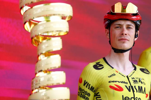 Team Visma Lease a Bike Danish rider Jonas Vingegaard looks on during the presentation of the teams prior the start of the 2nd stage of the Giro d'Italia 2026 - Tour of Italy cycling race between Burgas and Veliko Tarnovo, Bulgaria, on May 9, 2026. (Photo by Luca Bettini / AFP)