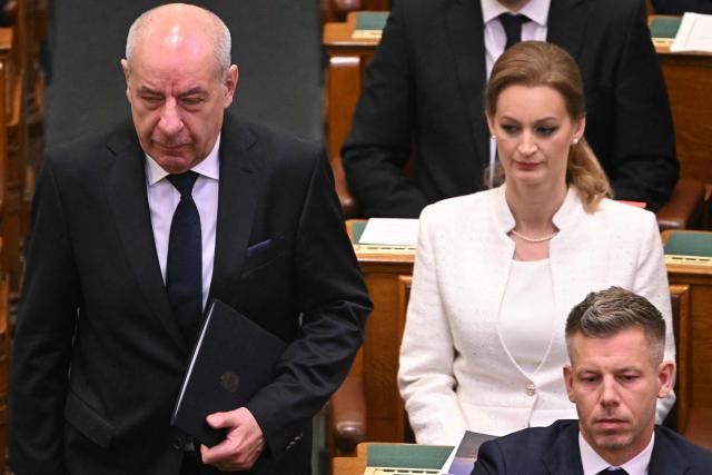 Hungarian President Tamás Sulyok (L), Hungarian politician and candidate for speaker of Parliament Agnes Forsthoffer, Hungary's incoming Prime Minister Peter Magyar attend the inaugural session of the new Parliament and the ceremonial swearing in of representatives in Budapest on May 9, 2026. Hungarian parliament's inaugural session on May 9, 2026, will see a record number of women, accounting for more than a quarter of lawmakers, and more than a hundred deputies new to politics. (Photo by Attila KISBENEDEK / AFP)
