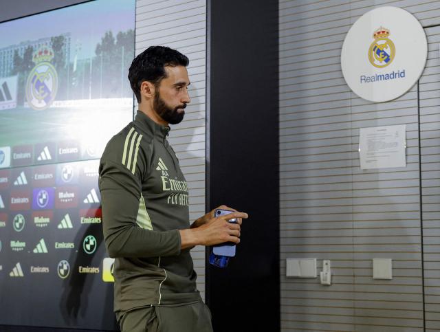 Real Madrid's coach Alvaro Arbeloa leaves after a press conference on the eve of the Spanish league football match between FC Barcelona and Real Madrid CF, at Real Madrid Sports City in Valdebebas, in the outskirts of Madrid, on May 9, 2026. (Photo by OSCAR DEL POZO / AFP)
