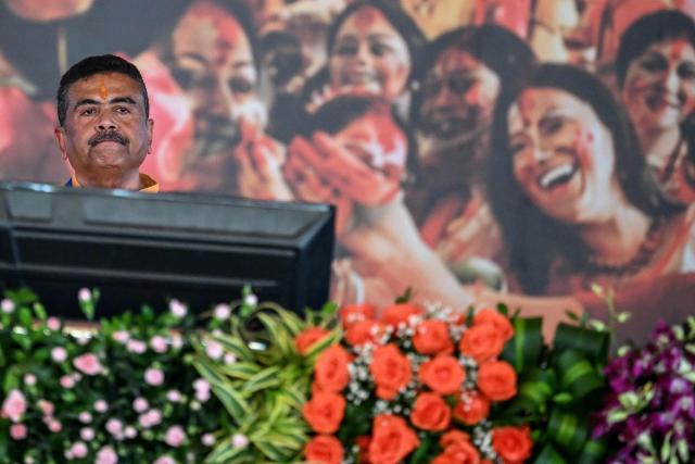 Newly elected Chief Minister of India's West Bengal state, Suvendu Adhikari, looks on during his swearing-in ceremony in Kolkata on May 9, 2026. (Photo by Dibyangshu SARKAR / AFP)
