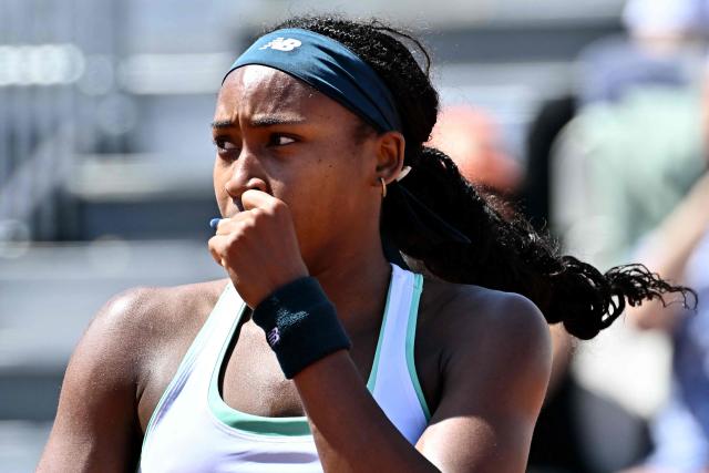 USA's Coco Gauff celebrates a point against Argentine's Solana Sierra during the WTA Rome Open tennis tournament at Foro Italico in Rome on May 6, 2026. (Photo by Filippo MONTEFORTE / AFP)
