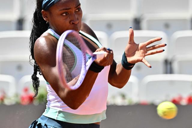 USA's Coco Gauff hits a return to Argentine's Solana Sierra during the WTA Rome Open tennis tournament at Foro Italico in Rome on May 6, 2026. (Photo by Filippo MONTEFORTE / AFP)