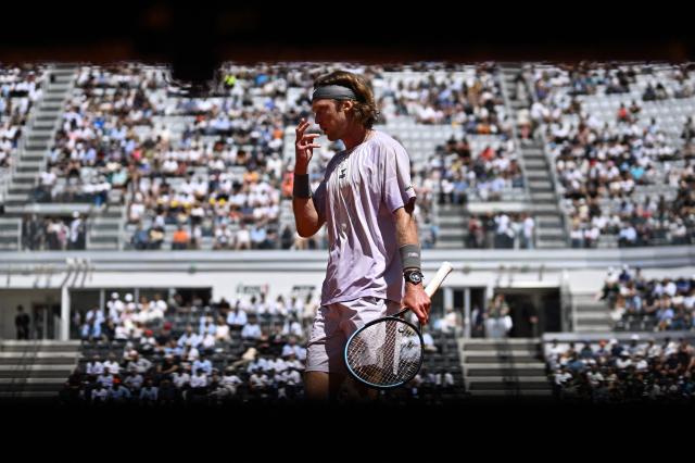 Russia's Andrey Rublev prepares to serve against Serbia's Miomir Kecmanovic during the ATP Rome Open tennis tournament at Foro Italico in Rome on May 9, 2026. (Photo by Tiziana FABI / AFP)