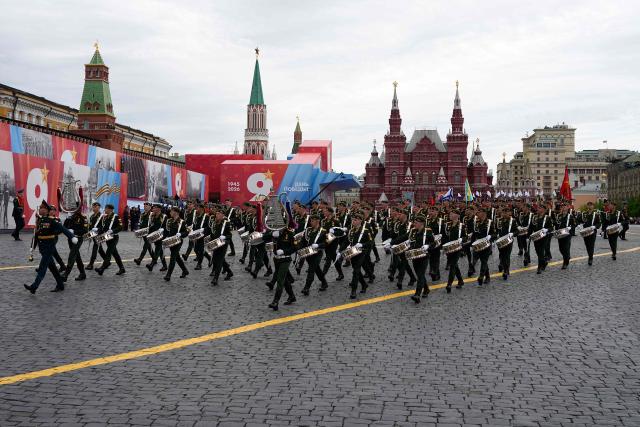 Russian military band march attending the Victory Day military parade at Red Square in central Moscow on May 9, 2026. Russia celebrates the 81st anniversary of the Soviet Union's victory over Nazi Germany in World War Two (WWII). (Photo by Alexander Zemlianichenko / POOL / AFP)