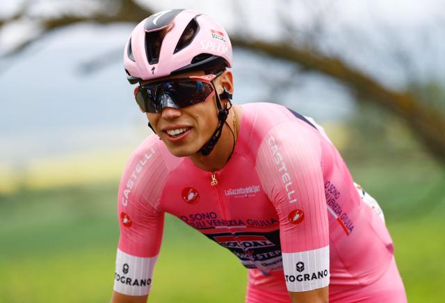Soudal Quick-Step French rider Paul Magnier wearing the overall leader's pink jersey (Maglia Rosa) rides during the 2nd stage of the Giro d'Italia 2026 - Tour of Italy cycling race between Burgas and Veliko Tarnovo, Bulgaria, on May 9, 2026. (Photo by Luca Bettini / AFP)