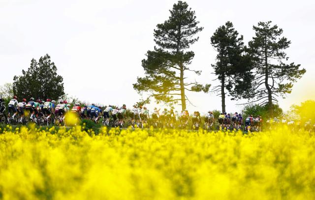 The pack rides during the 2nd stage of the Giro d'Italia 2026 - Tour of Italy cycling race between Burgas and Veliko Tarnovo, Bulgaria, on May 9, 2026. (Photo by Luca Bettini / AFP)