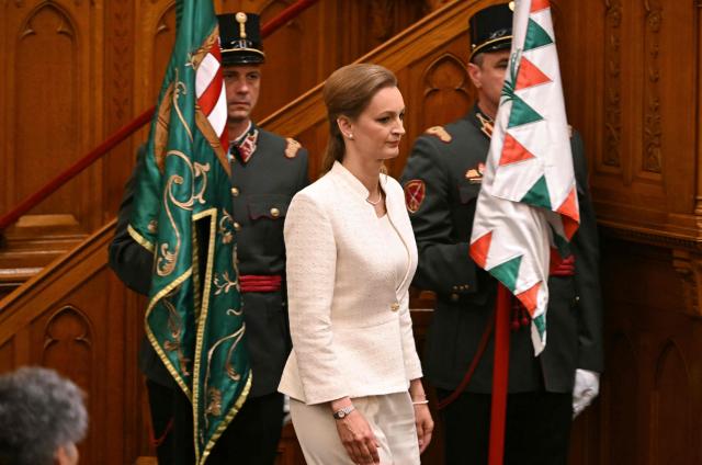 The incoming speaker of the Hungarian parliament Agnes Forsthoffer (C) is sworn in at the Hungarian parliament in Budapest on May 9, 2026. Pro-European conservative Peter Magyar will be officially sworn in as Prime Minister by the Hungarian parliament on May 9, 2026, just under a month after his landslide victory in the parliamentary elections against nationalist Viktor Orban. (Photo by Attila KISBENEDEK / AFP)