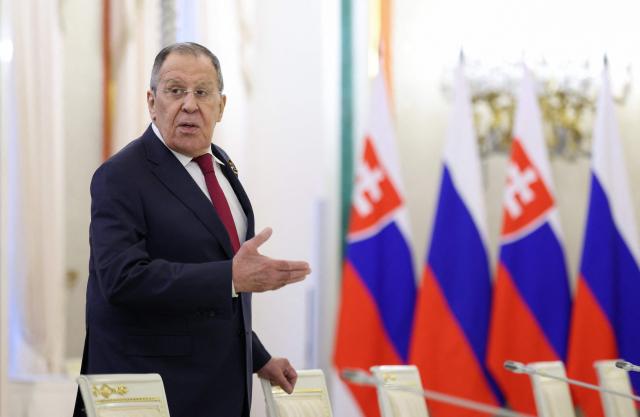 Russian Foreign Minister Sergei Lavrov attends a meeting between Russian President and Slovak Prime Minister in Moscow on May 9, 2026. (Photo by Ramil Sitdikov / POOL / AFP)